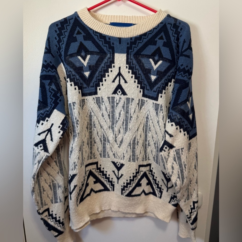 Vtg NWT Prides Landing Geometric 3D Blue Creamy White Knit Sweater Sz L Made USA